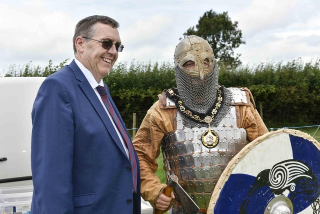The Lord Mayor Alderman Stephen Moutray and a Viking discuss terms at the Birches Vintage Car Club annual rally.