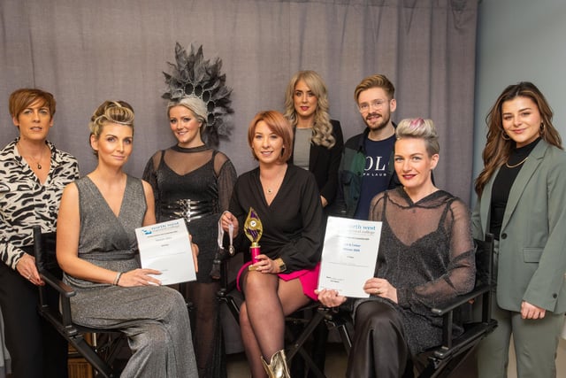 Level 3 Hairdressing student Emma Brown (fourth from left), with Curriculum Manager Cara Hegarty, models Joanne Martin, Anna Cartwright and Lyndsey Nutt with judges Emma Bradley, Christopher Young, and Hannah McCurdy. Emma was first in Cut and Colour and second in Upstyle.