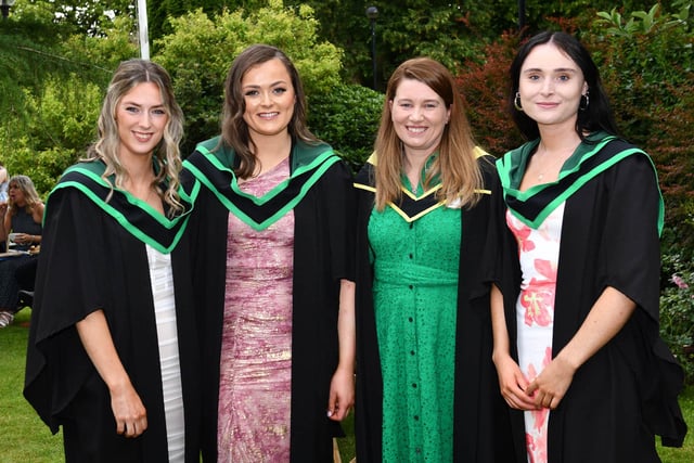 Emma McNeill from Killinkere, Co Cavan, Catherine O’Connor from Greencastle, Co Tyrone, and Charlotte McClure from Johnstown, Co Meath, celebrate with their senior lecturer Alison Morris.