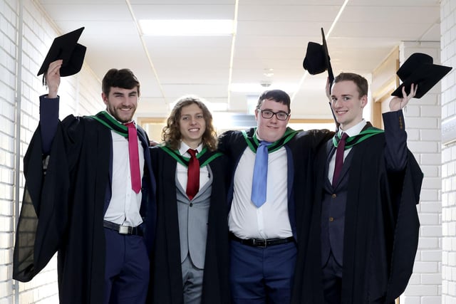 John McCaffrey from Cookstown, Wiktor Skrzypczak from Leeds, Adam Brewster from Coleraine and Jacob McAllister from Donaghadee graduate with BSC (Hons) in Optometry from the Ulster University Coleraine at the Graduation Winter Ceremony on Wednesday morning.