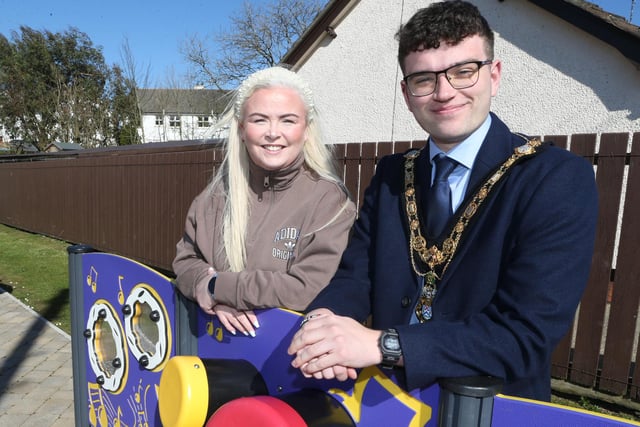 Mayor of Causeway Coast and Glens, Councillor Ciarán McQuillan, pictured alongside Councillor Maighread Watson at the official opening of the reinstated play park at Scally Park in Loughguile.