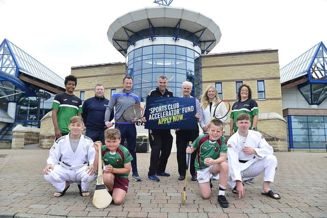 Top Row- Jacob Dumigan (The Gymnastics & Trampoline Network), Stephen McCluskey (Judo Academy) , Kevin Madden Lisburn & Castlereagh City Council Community Sports Development Officer, Kevin Madden, Brian Cushnie (Lisburn Racquets Club), Chair of the Communities and Wellbeing Committee, Councillor Thomas Beckett, Tina Cushnie (Lisburn Racquets Club), Rachael Dumigan (The Gymnastics & Trampoline Network). Bottom Row- Aodhan McGivern (Judo Academy), Jacob McKernan (Loch Mor gCais Hurling Club), Oisin McCabe (Loch Mor gCais Hurling Club) & Conall McGivern (Academy). Pic credit: Lisburn and Castlereagh City Council