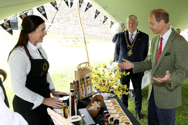 The Duke is welcomed by Leona Kane Broighter Gold Rapeseed Oil and Mayor Steven Callaghan Picture Kevin McAuley/McAuley Multimedia