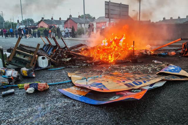 A burning barricade in Ballymena on Tuesday night. Photo: Pacemaker