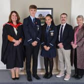 Pictured are, from left, Cookstown High School Principal-  Miss Gwyneth Evans, Chair of Board of Governors – Mrs Lynne Dripps, Dr Stephen McAdoo (Guest Speaker), Head Girl – Leandra Frank and  Head Boy - Luke Haycock.