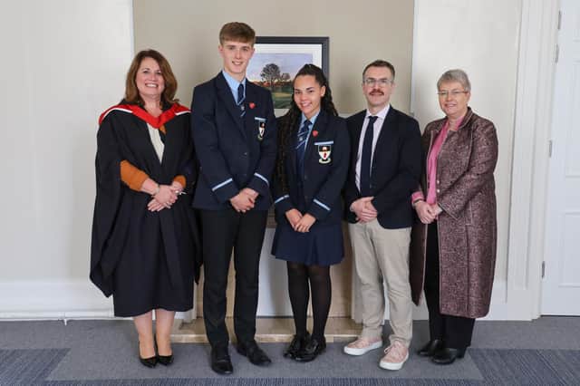 Pictured are, from left, Cookstown High School Principal-  Miss Gwyneth Evans, Chair of Board of Governors – Mrs Lynne Dripps, Dr Stephen McAdoo (Guest Speaker), Head Girl – Leandra Frank and  Head Boy - Luke Haycock.