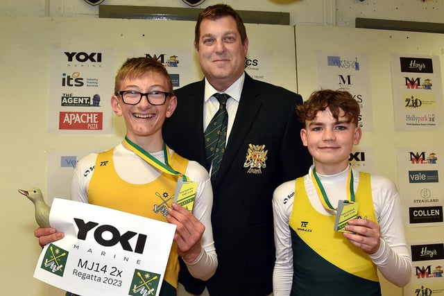 Winners of the Junior Boys 14 pairs competition, Charlie Morton, left, and Caleb Sinnamon receive their medals from Portadown Boat Club captain, Louis Hesbrook, at the club's annual regatta. PT17-236.