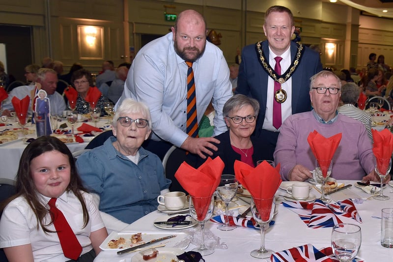 Councillor Mark Baxter and the Lord Mayor of ABC Council, Councillor Paul Greenfield, with family and friends at the Coronation tea Party. PT17-295.