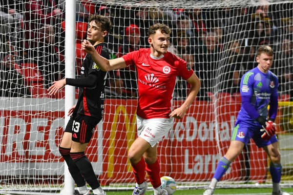 Benji Magee of Larne opens the scoring during the semi final at Inver Park between Larne and Crusaders. Picture: Andrew McCarroll / Pacemaker Press