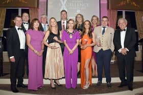 The award winners at the 2022 Mid-Ulster Business Excellence Awards. Also included are, Cora Corry, front centre, Chair, Mid-Ulster District Council, Ian Henry and Julie McKeown, front left, main sponsors, Henry Brothers, and compere for the event, Adrian Logan, front left. Picture: Tony Hendron