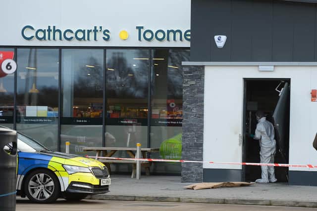 Police at the scene of attempted ATM theft in Toome on Sunday, March 5. Picture: Pacemaker Press.