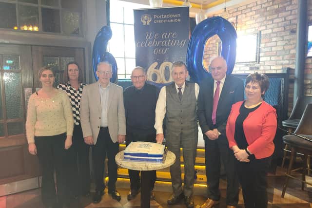 Attending the 60th anniversary of Portadown Credit Union are four of its original members, Denis McCourt, Tom Hyde, Joseph McConville and Aidan Hagan who set up the credit union in Portadown in 1963. Pictured with them are Siobhan Moffit Assistant Manager, Paula Larkin, Manager and Bernadette McGinnell, President.