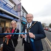 Chair of the USPCA, Dr John Farrell, Skye the dog, Chief Executive of the USPCA, Nora Smith, Lisburn and Castlereagh City Council Mayor, Andrew Gowan at the opening of the new USPCA store in Lisburn city centre. Pic credit: Matt Mackey