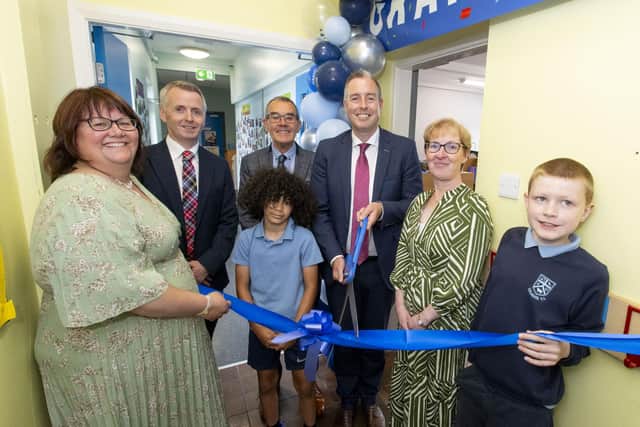 Education Minister Paul Givan pictured with Principal Louise Creelman, Members of the Board of Governors, Specialist Provision Teacher Michelle Chesire and pupils, during the official opening of a new Specialist Provision class and sensory room at Lislagan Primary School. CREDIT DE