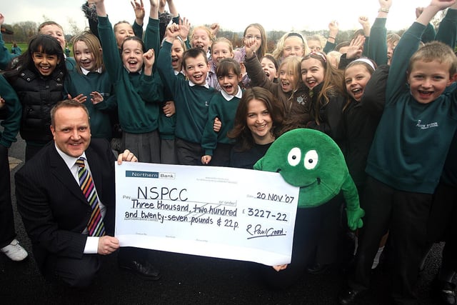Meadow Bridge Primary School Principal Mr Paul Goode presented Jenny Ferguson of the NSPCC with a cheque for £3227 raised by the School during events such as a Sponsored Workout, Cake, Sale and Line Dancing in 2007