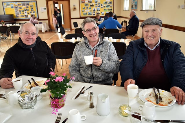 Enjoying the St Luke's Parish fundraising Big Breakfast in Loughgall are from left, Adrian Thompson, Paul Reilly and Thomas Gilpin. PT13-201.