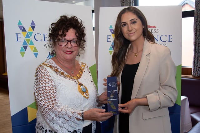 The Hospitality Business of the Year Award went to Papa Brown's Grill andClaire Teeny was on hand to accept the trophy from Mayor, Alderman Gerardine Mulvenna. CT17-205.