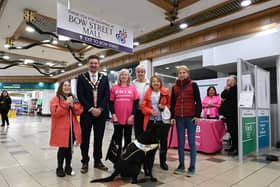 Lisburn Mayor Councillor Scott Carson meets with members of Lisburn Outlook visually impaired group at RNIB EyeCareWeCare roadshow for World Sight Day