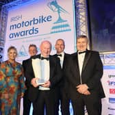 The Briggs Equipment North West 200 was the winner of the Belfast Chauffeur Hire Event of the Year award at the Adelaide Irish Motorbike Awards in the Crowne Plaza Hotel, Belfast. Race Director, Mervyn Whyte received the trophy from Belfast Chauffeur proprietor, Reggie Blain. CREDIT STEPHEN DAVISON