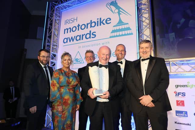 The Briggs Equipment North West 200 was the winner of the Belfast Chauffeur Hire Event of the Year award at the Adelaide Irish Motorbike Awards in the Crowne Plaza Hotel, Belfast. Race Director, Mervyn Whyte received the trophy from Belfast Chauffeur proprietor, Reggie Blain. CREDIT STEPHEN DAVISON