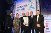 The Briggs Equipment North West 200 was the winner of the Belfast Chauffeur Hire Event of the Year award at the Adelaide Irish Motorbike Awards in the Crowne Plaza Hotel, Belfast. Race Director, Mervyn Whyte received the trophy from Belfast Chauffeur proprietor, Reggie Blain. CREDIT STEPHEN DAVISON