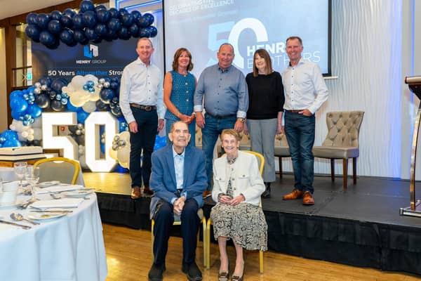 The Henry family pictured at Henry Brothers’ 50th anniversary event. Pictured front row, from left: Jim Henry, Chairman Emeritus, and Ray Henry. Back row, from left: David Henry, Chief Executive Officer; Julie McKeown, HR Director; Nigel Henry; Hazel Young; and Ian Henry MBE, CR Director & Windell MD).