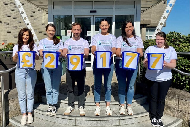 The grand total of £29,177.40 was raised for Southern Area Hospice through their Big Bucket Collection on Friday, March 24 in a number of towns including Lurgan, Portadown, Armagh,  Moy and Markethill.  Pictured are members of the Southern Area Hospice fundraising team showcasing their final total. From left: Bernie Murphy, Lizzie McCullough, James McCaffrey, Sarah O’Hare, Laura Rowntree and Lauren Trimble.