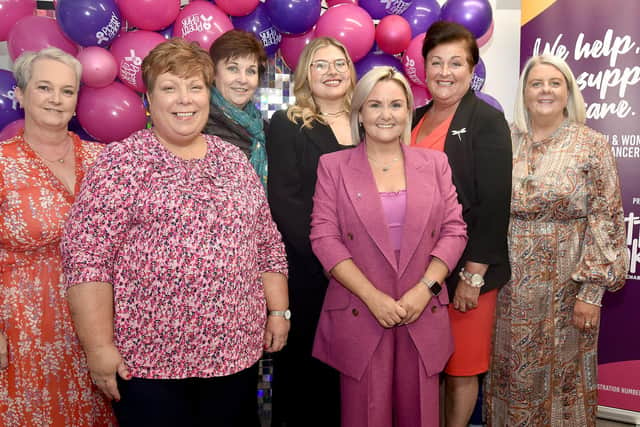 Staff and volunteers at the new Pretty N Pink Breast Cancer Advice, Information and Support Hub in Church Street. Included from left are, Kim Wilson, Karen Hoy and Maurita McDade, volunteers, Chloe Light, Charity Operations Assistant, Leanne Rooney, Charity Operations Manager, Audra Wright, Volunteer Support Officer, and Bronagh Kennedy, Charity Shop Manager. PT40-200.