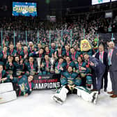 Belfast Giants players celebrate lifting the Elite Ice Hockey League trophy as they are crowned Champions after defeating the Guildford Flames at the SSE Arena, Belfast.     Photo by William Cherry/Presseye