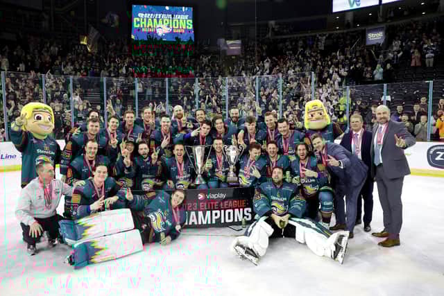 Belfast Giants players celebrate lifting the Elite Ice Hockey League trophy as they are crowned Champions after defeating the Guildford Flames at the SSE Arena, Belfast. Photo by William Cherry/Presseye