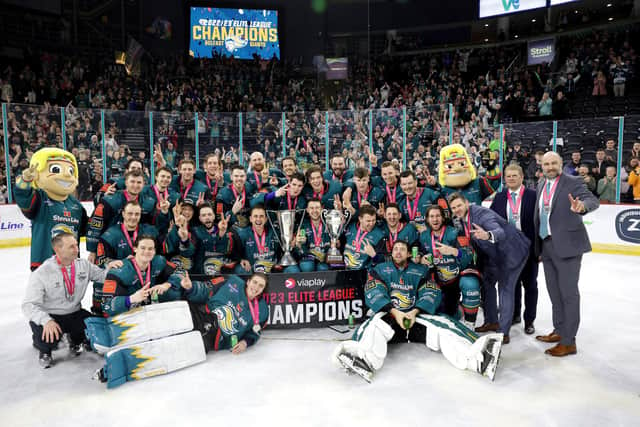 Belfast Giants players celebrate lifting the Elite Ice Hockey League trophy as they are crowned Champions after defeating the Guildford Flames at the SSE Arena, Belfast.     Photo by William Cherry/Presseye