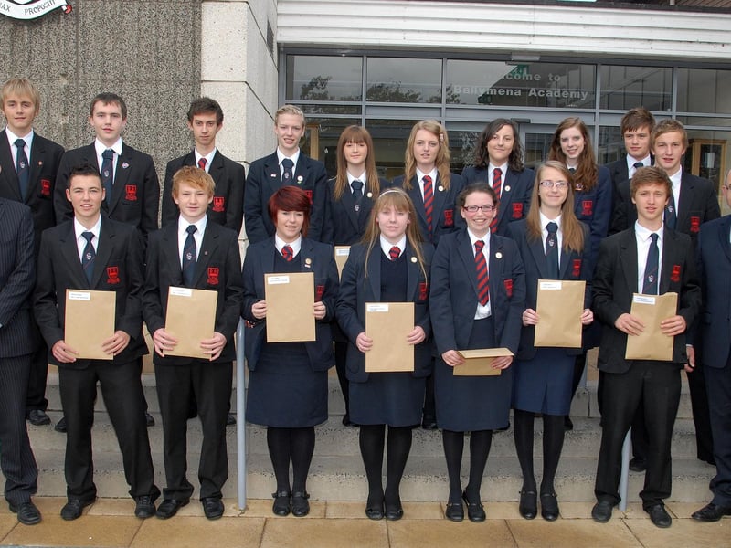 Ballymena Academy students who received the PF Martin achievement awards at a special assembly in the school in 2010. Included is school Principal Mr Ronnie Hassard (right) and Pastoral Vice Principal Mr Richard Ross. BT42-127JC