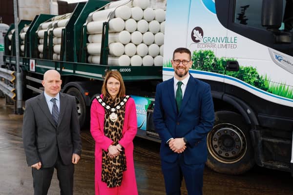 Pictured from left are David Butler, Director at SGN Natural Gas, Cora Corry, Chair of Mid Ulster District Council, and David McKee, Chief Technical Officer of Bio Capital Ltd and Granville Eco Park.
