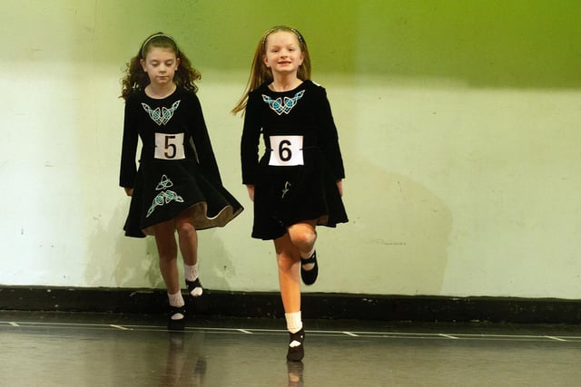 Dancing feet...Eabha O'Hanlon, left, and Caragh Creaney pictured during their performance at Portadown Folk Dancing Festival. PT10-230.