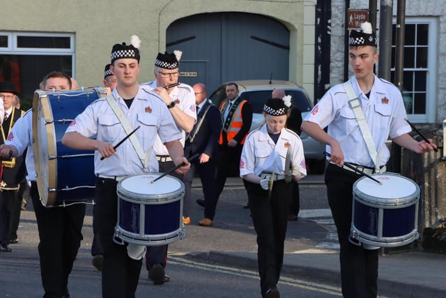 Members of Glenarm RBP 337 and visiting brethren with Carnlough Band on parade in Glenarm on Sunday evening as they made their way to Glenarm Church of Ireland for their annual church  church service