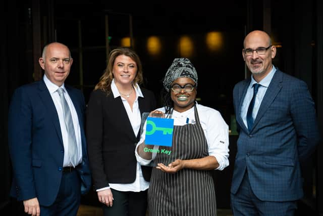 Ulster University’s Academy Restaurant becomes first in UK and Ireland to be certified with the prestigious Green Key for sustainability. Pictured are professor Mark Durkin, executive dean Ulster University Business School, Lisa Kennedy, business manager at Academy, Wendy McGuire, The Academy and professor Ioannis S. Pantelidis, hospitality & tourism management, Ulster University. Picture: supplied by Ulster University