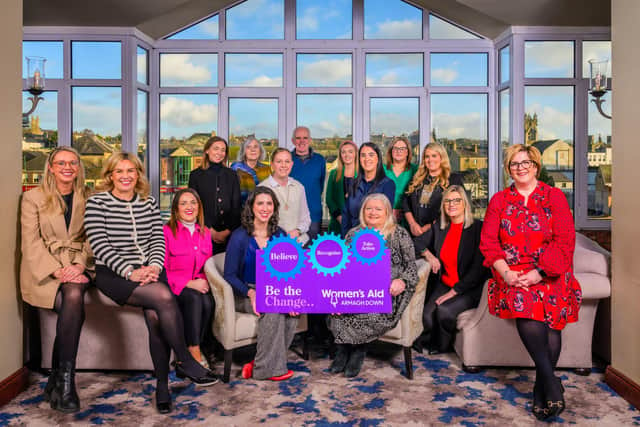 At the launch of the Armagh Down Women's Aid 40th anniversary conference are: Front (l to r) Charlotte McAteer, and Gemma Murphy, Jack Murphy Jewellers, Niamh O’Maolain, Chair WAAD Board, Hazel Robinson, Murdock Building Supplies, Eadaoin McVerry, ReGen, Eileen Murphy, CEO, WAAD, Martina Flynn, Newry &amp; Mourne PCSP. Back (l to r) Aisling Gillespie, ABC PCSP, Elizabeth O Connor, Rathbane Group, Bernie and Noel McNally, Laura Gorman, Jemma Gamble and Catherine Gallagher, Terex with Leanne Spratt, SHSCT.