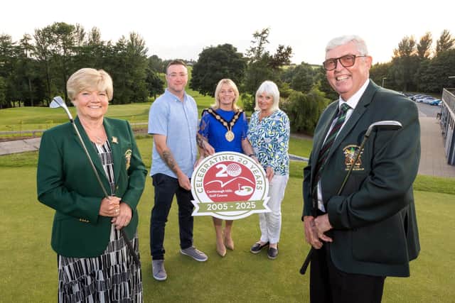 he Mayor of Lisburn & Castlereagh City Council, Alderman Amanda Grehan congratulates Castlereagh Hills Golf Course on reaching their 20th anniversary alongside Men’s Captain John McCaffery, Men’s Vice Captain Brian Dallas, Lady Captain Karen Skelton and Vice Lady Captain Joan Somers. Pic credit: LCCC