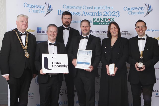 PEOPLE DEVELOPMENT AWARD goes to Simon McGurk of Cover Net along with Jenny Beattie, David Kemmy and Jim Campbell, sponsored by ULSTER UNIVERSITY and presented by Cllr Steven Callaghan, Mayor Causeway Coast & Glens Borough Council and Malachy O'Neill of UU at the Causeway Chamber of Commerce Awards 2023 ceremony in partnership with Randox Health held at the Lodge Hotel.