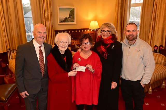 Pictured with Former Mayor, Alderman Gerardine Mulvenna, is Mary and Michael Lynch plus Thomas Hamilton and Jenny McMillan from ‘This is Me’ Dementia Friendly Choir. Photo: MEABC