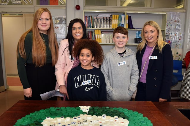 Pictured at the St John the Baptist's College open day on Saturday are from left, Emma Molloy, Science teacher; Sarah McVeigh, Connie McVeigh (10), Max Steele (10) and Niamh Creaney. PT03-212.