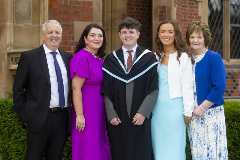 Eoin McCabe from Lisnaskea, pictured with his family at Queen's as he graduates with a BSc in Business Management.