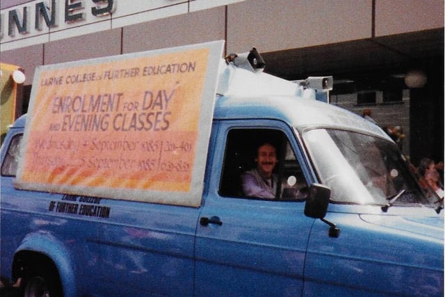 Larne College of Further Education, formerly Larne Technical College was a bustling centre of activity with a variety of daytime and evening classes.  Pictured driving the bus in the 1985 Larne Civic Week parade was Roy Logan, a lecturer at the College, who said:  "We always tried to put an entry to the Civic Week parade. Some years we displayed the work of the various college departments, such as woodwork, engineering and catering but this year we just used the college minibus to advertise our enrolment for classes."