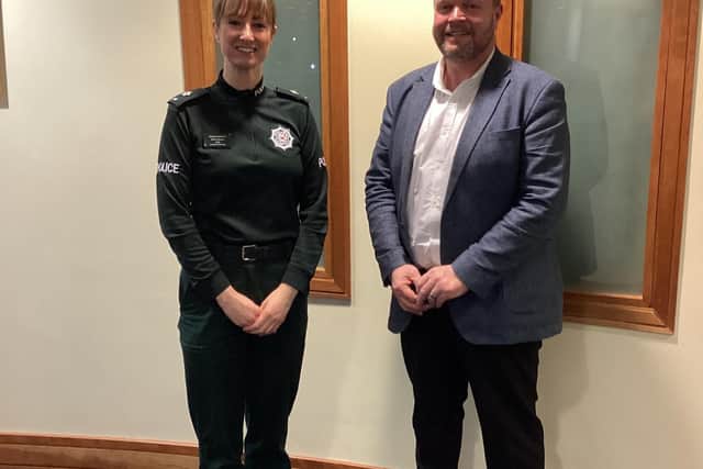 Councillor John Gallen Chair Lisburn & Castlereagh Policing Community Safety Partnership welcomes the new Police District Commander Kelly Moore to Lisburn