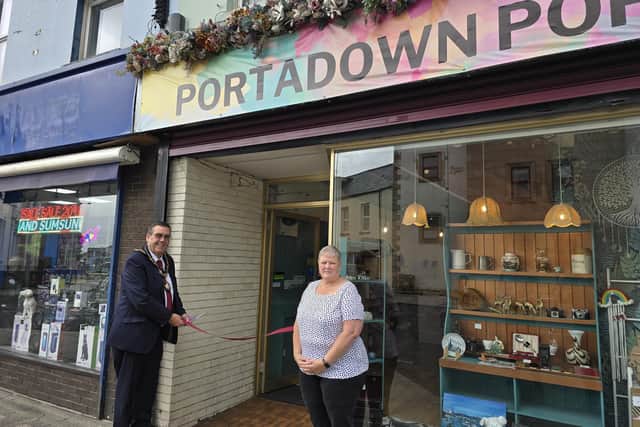 Lord Mayor of Armagh City Banbridge and Craigavon Borough Council Alderman Stephen Moutray. officially opens Portadown POPUP with Shirley Houghton from Richhill.