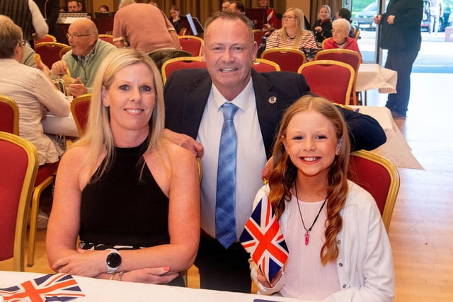 Pictured at the VE Day celebrations are from left, Claire Ratcliffe, Councillor Keith Ratcliffe and daughter, Sarah (10). LM19-217.