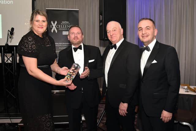 The Excellence in Innovation Award was picked up by Clearer Water. The award was presented by Helen Reilly from category sponsor Caterpillar and was gratefully accepted by Clearer Water representatives from left, Ross Lazaroo-Hood, David Hunter and Sitki Gelmen. LT48-202.