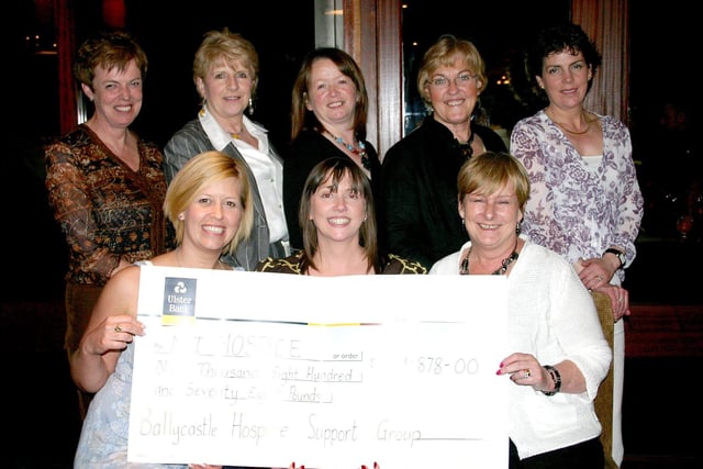 Members of Ballycastle Hospice Support group pictured with a cheque for £9878 in 2007. The money was raised from a gala held in the Marine Hotel, Ballycastle
