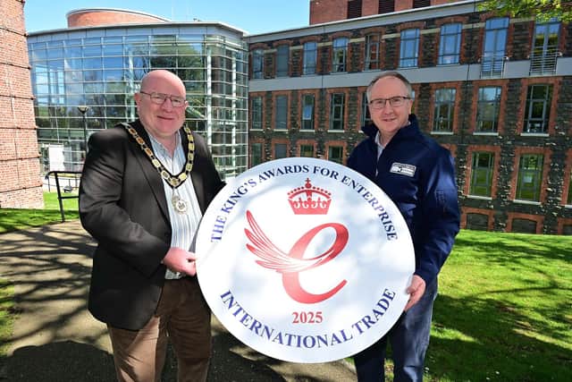 Mayor of Antrim and Newtownabbey, Councillor Neil Kelly with InspecVision founder and managing director, Dr Jan Antonis.