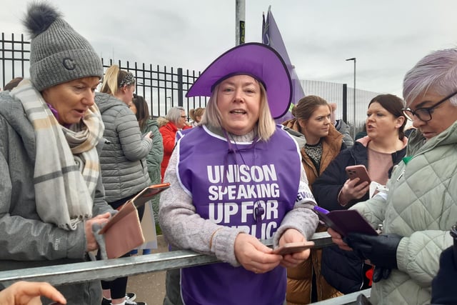 Noreen Halfpenny from Unison with just a few of her many colleagues from Lismore College, Craigavon, Co Armagh. Hundreds of school support staff from unions such as Unison, Unite, GMB and NIPSA joined the strike on the second day in what will be one of the biggest strikes among non-teaching unions in years. The ongoing industrial dispute is over the failure to deliver a pay and grading review to education workers as part of a negotiated resolution of the 2022 pay dispute.